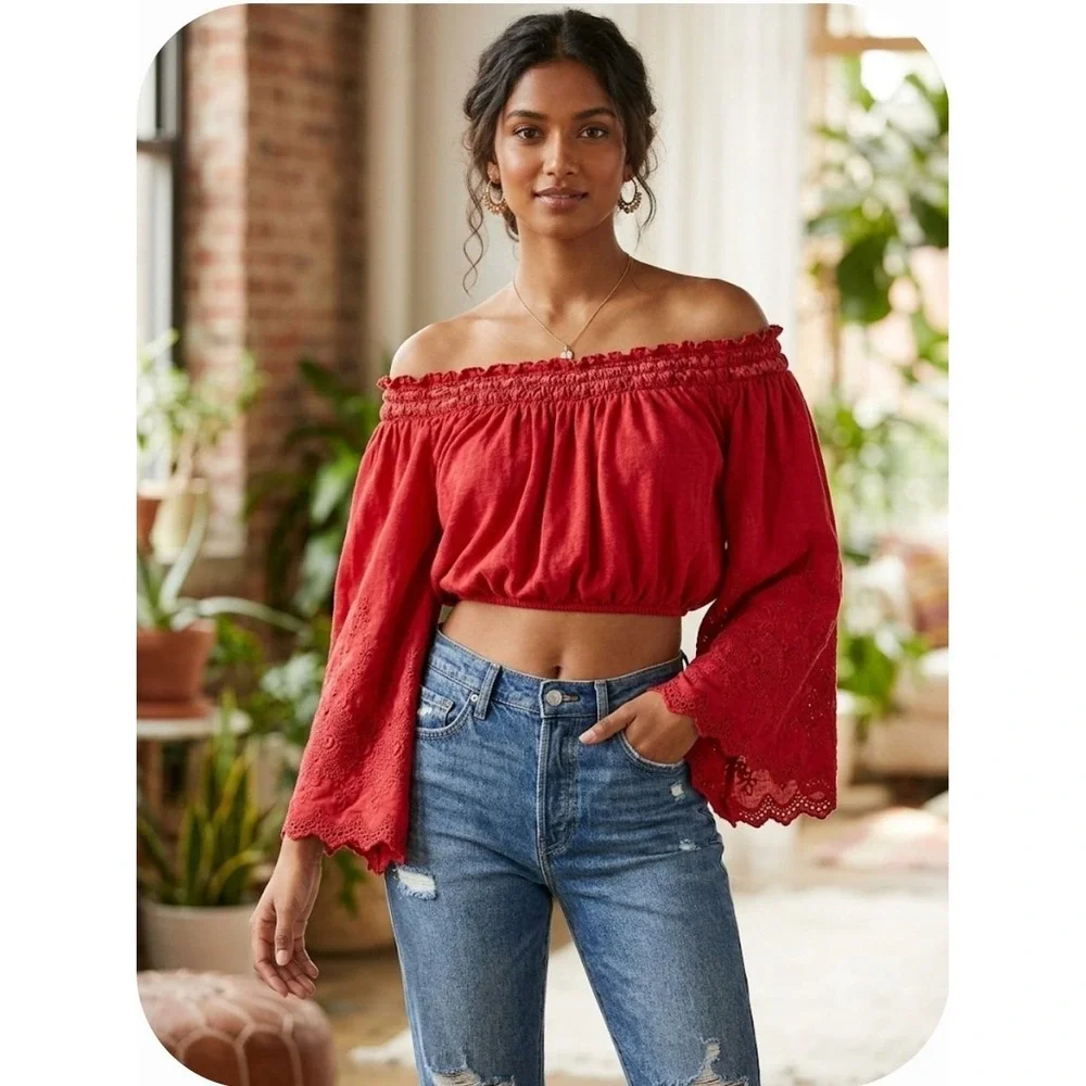 Free People Boho Red Eyelet Embroidered Off Shoulder Crop Top Bell Sleeve M